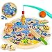 VATOS Jeu de pêche magnétique 3-en-1 26PCS Jouets en bois Alphabet Lettre Jouets de pêche Apprentissage Jouets éducatifs avec poteaux magnétiques pour 2 3 4 5 6 ans Enfants Filles et Garçons