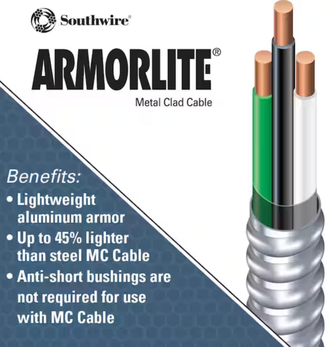 Southwire 68579223 14/2 Tipo 50 pies calibre 14 100 pies 2 conductores MC cable recubierto de metal sólido con armadura de aluminio y cable de tierra aislado verde