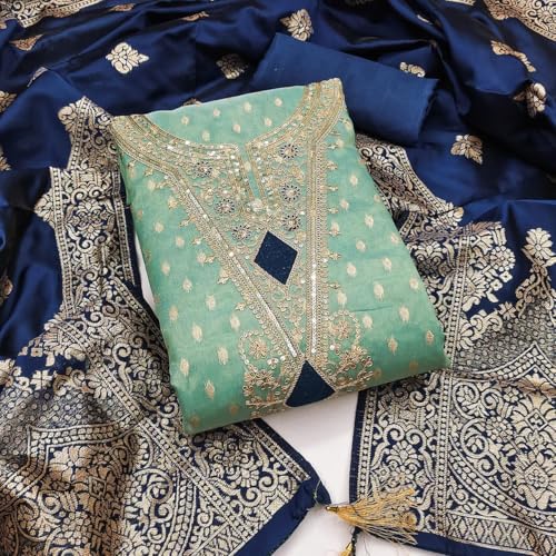 Image of Sidhidata Women's Shimmer Zari Butty With Multi Sequence Embroidered Unstitched Dress Material With Banarasi Silk Dupatta (DM Shimmer Free Size)