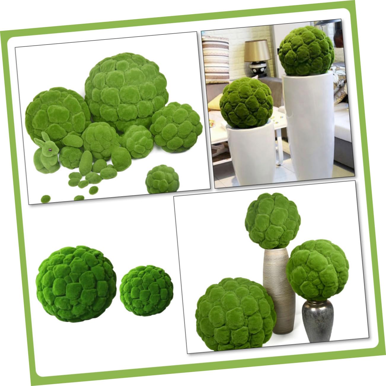Sewroro Dekorative Formschnittkugel mit Moos Imitat, Grün, 2 Stück | Flocking Oberfläche, Moderne Optik, für Familie und Hochzeit, Geeignet als Schalenfüller