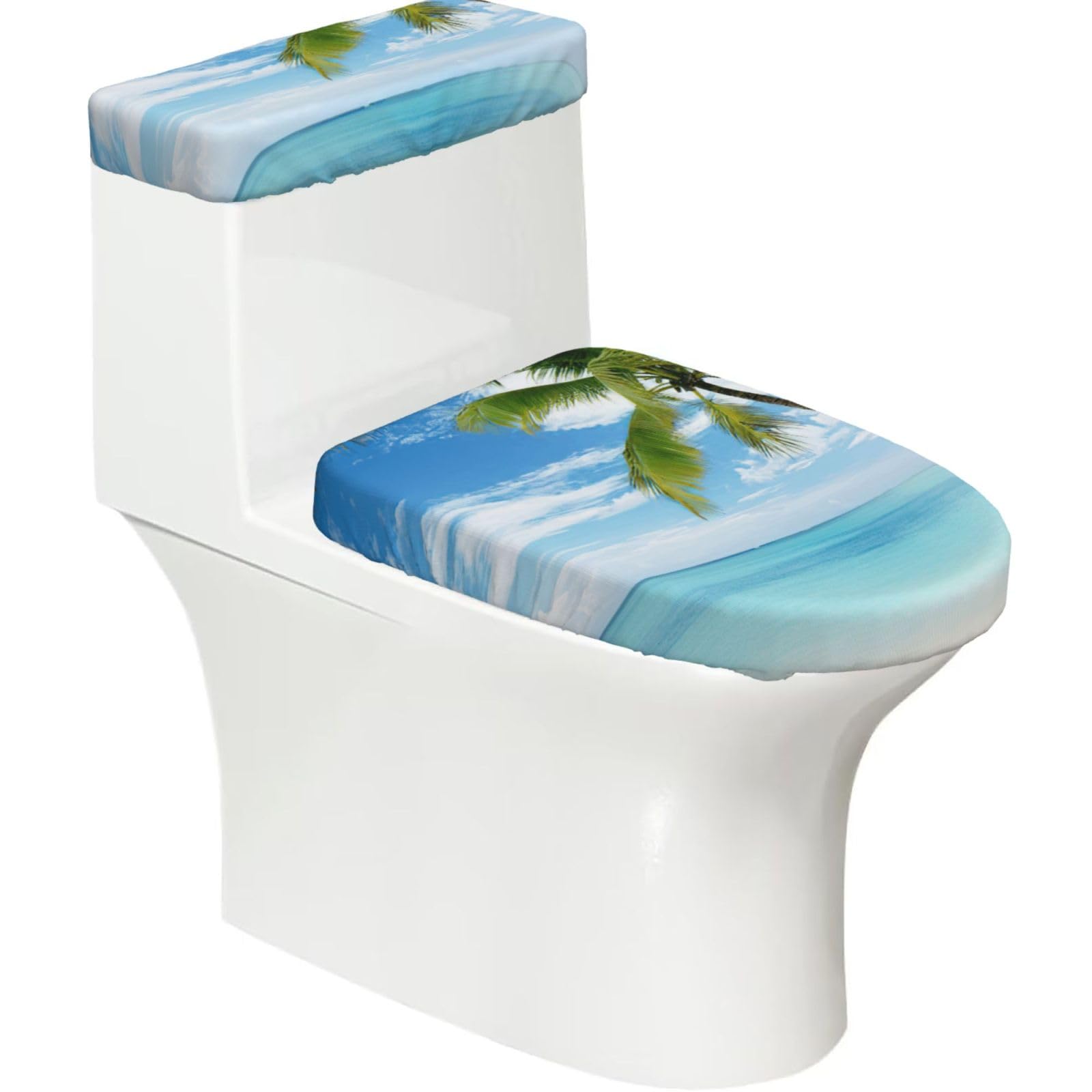 Palm Tree Over Blue Sea Ocean Seascape Print Stretch Toilet Covers Set, Polyester Covers Replacement For Fits Most Size Lids Bathroom Decor