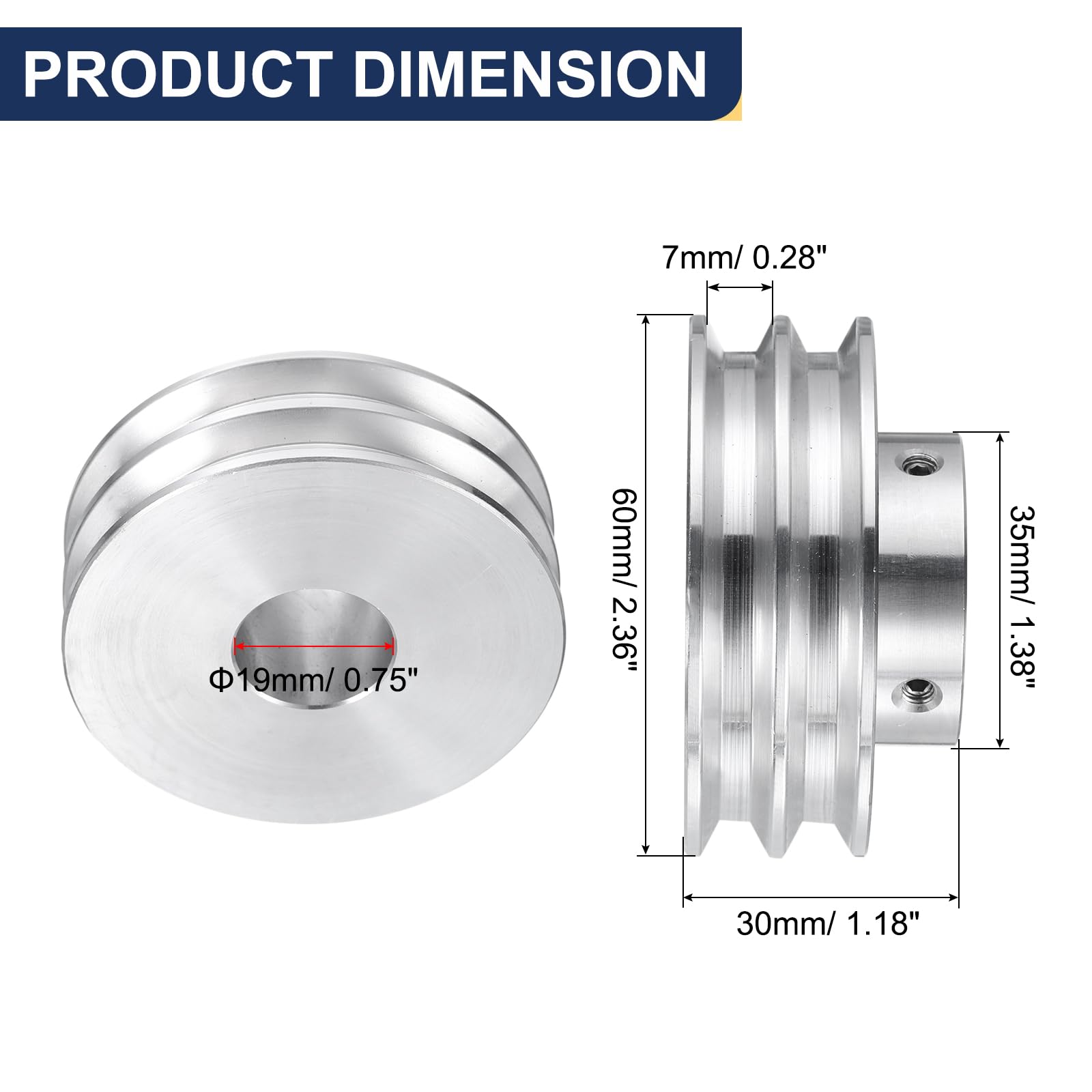 QUARKZMAN Puleggia a V Foro 19mm Diametro Esterno 60mm Doppia Scanalatura in Lega di Alluminio per Macchina da Trapano per Albero Motore 6mm(1/4") Cintura Sagomata in PU