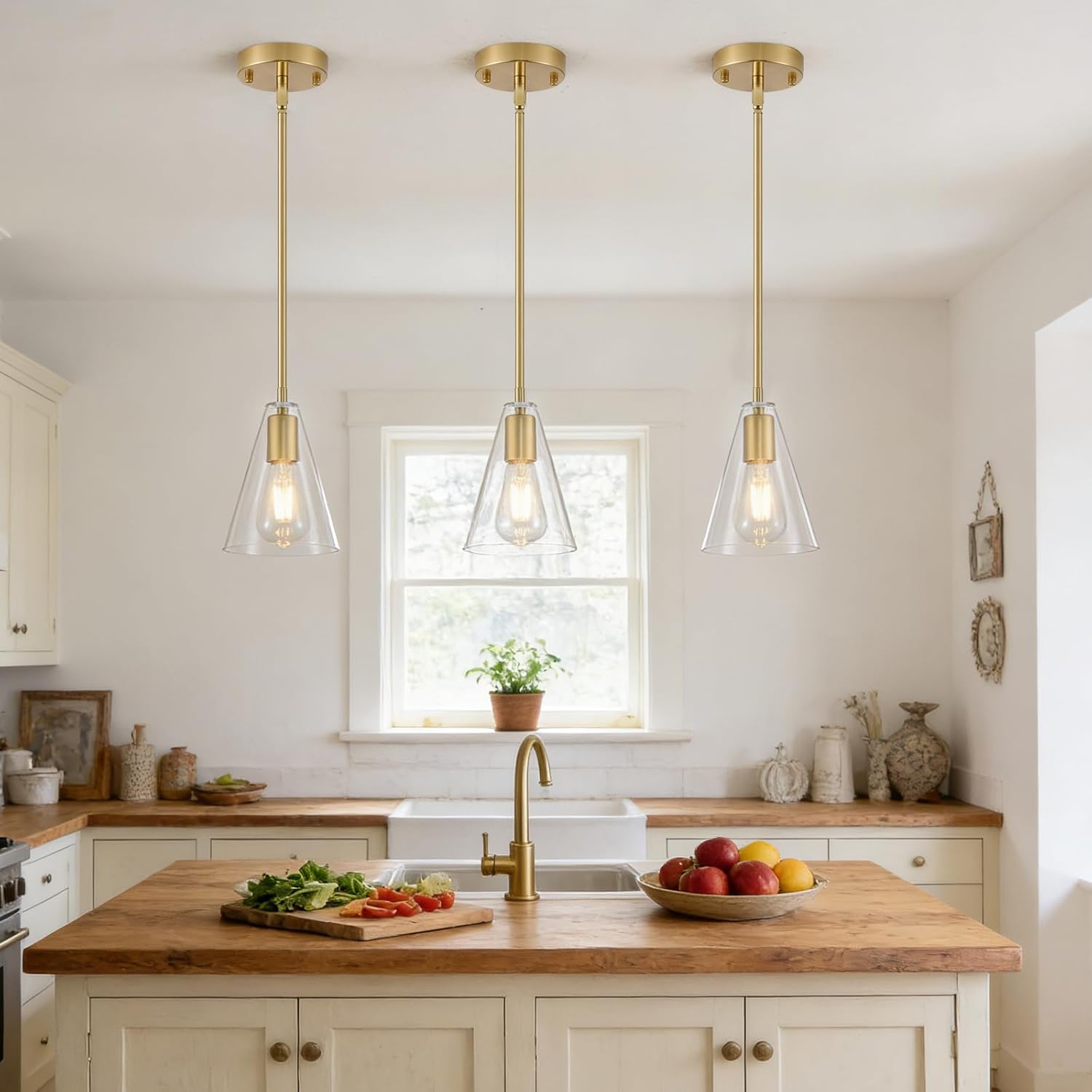 Dijiahua Gold Pendant Lights Kitchen Island 3 Pack, Modern Hanging Island Pendant Lights Over Sink with Clear Glass Shade,Small Chandeliers Adjustable Metal Tube Hanging Lighting for Table Bedroom