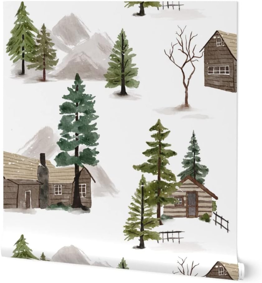 Peel & Stick Wallpaper Swatch - Mountain Cabin Toile Christmas Winter Woodland Forest Woods Rustic Masculine Boys Room Lodge Log Custom Removable Wallpaper by Spoonflower