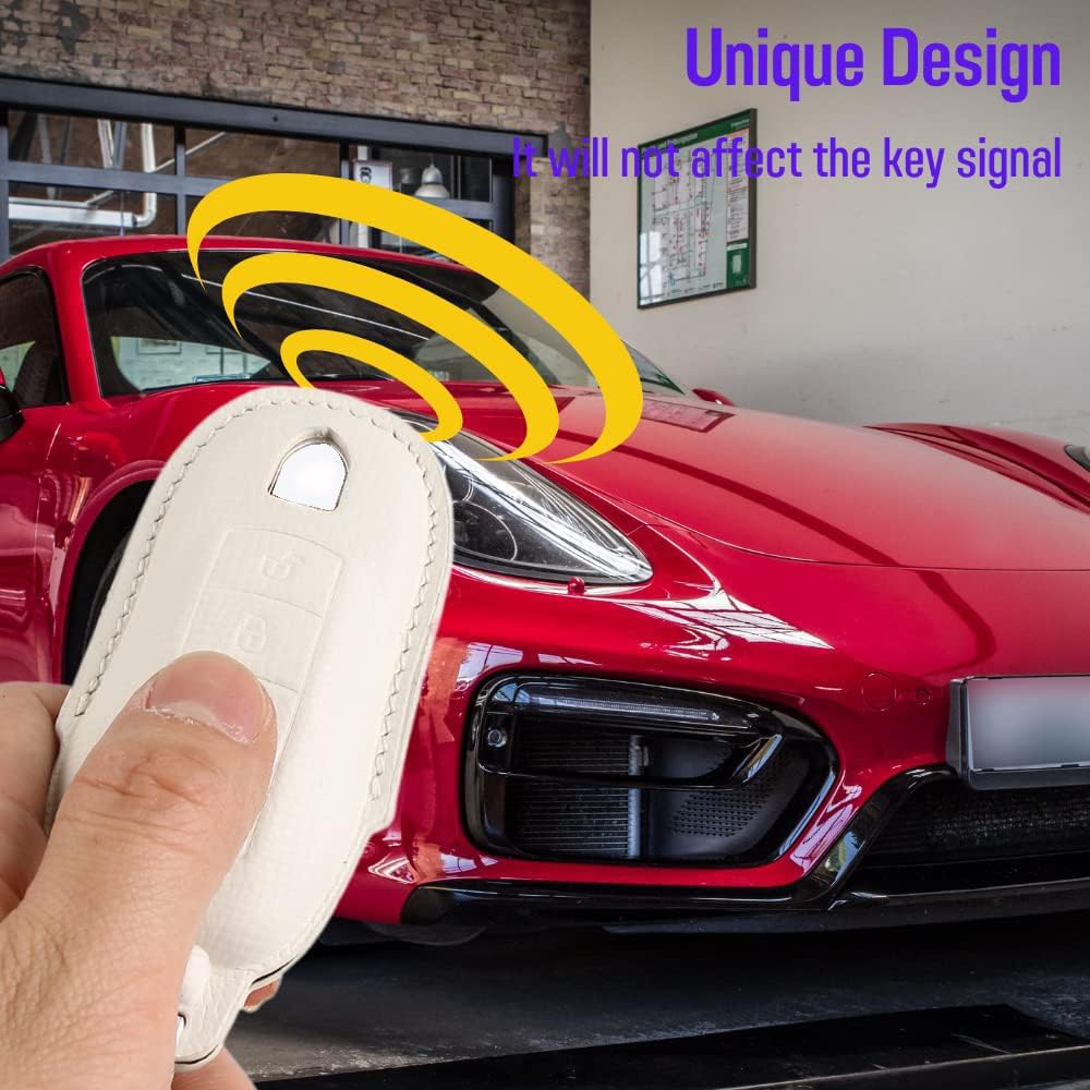Leather Key Fob Cover，with Keychain Key Shell Case Compatible with Porsche Panamera, Macan, Cayenne, 911, 718（3-Button，White - Image 3