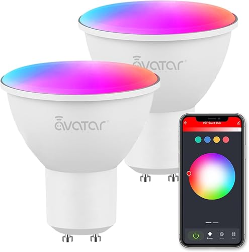 Avatar Controls Paquete de 2 bombillas inteligentes GU10, bombillas LED Alexa GU10, bombillas equivalentes a halógenos de 50 W, 5 W, 2700 K-6500 K,