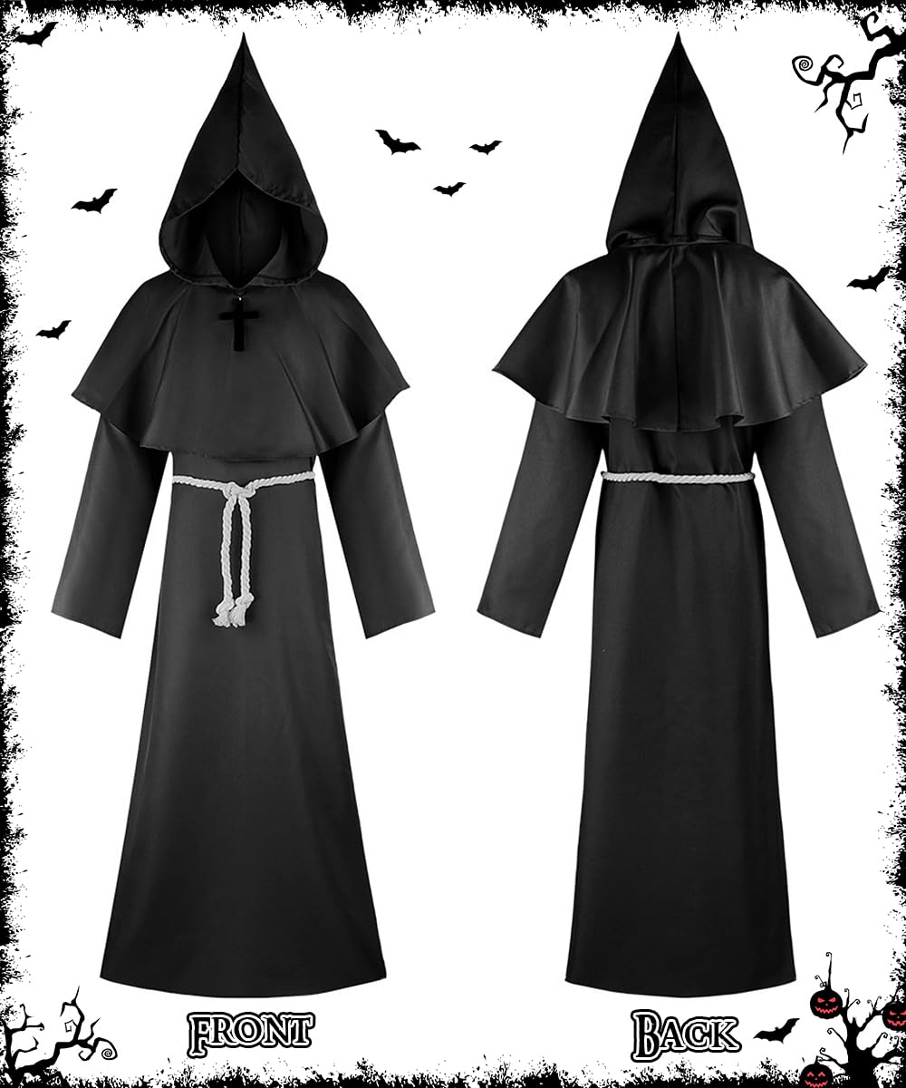 Kostium mnicha, szata kapłana, kostium mnicha, średniowieczny, renesansowy, kostium mnicha na Halloween, kostium czarodzieja z płaszczem, linką w talii i krzyżykiem na szyję dla dorosłych