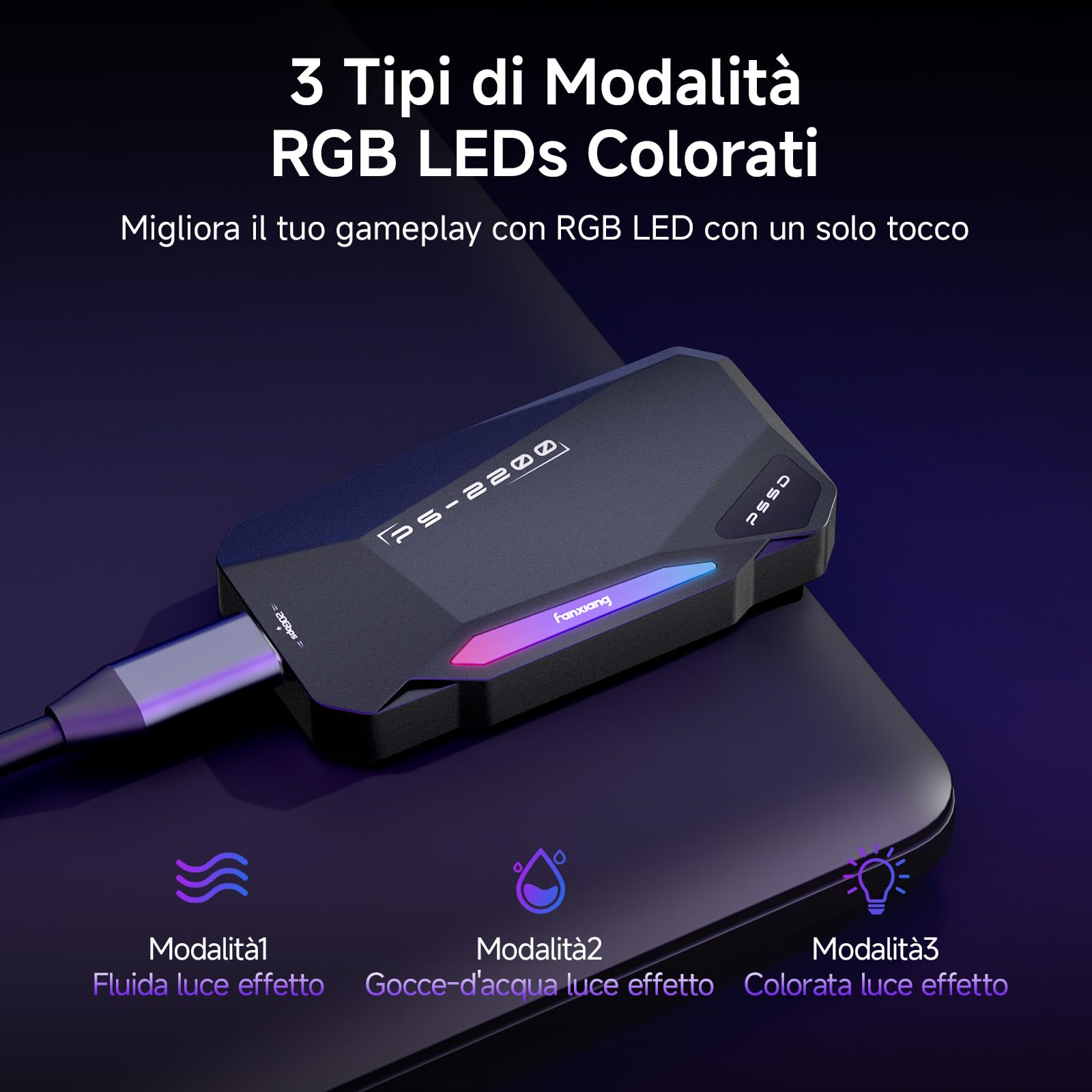fanxiang 2TB SSD Esterno Magnetico，Fino a 2050MB/s, USB 3.2 Gen2 USB-C, SSD Portatile con RGB LEDs, 4k ProRes HDR, Unità a Stato Solido Esterna per iphone15/16, Android/Pc/Mac-PS2200