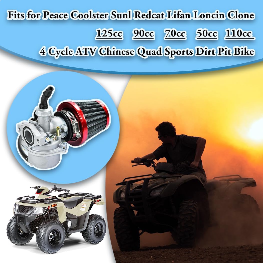 PZ19 19mm Carburetor Fits for Peace Coolster Sunl Redcat Lifan Loncin Clone 125cc 90cc 70cc 50cc 110cc 4 Cycle ATV Chinese Quad Sports Dirt Pit Bike with 35mm Air Filter Spark Plug Carb Kits