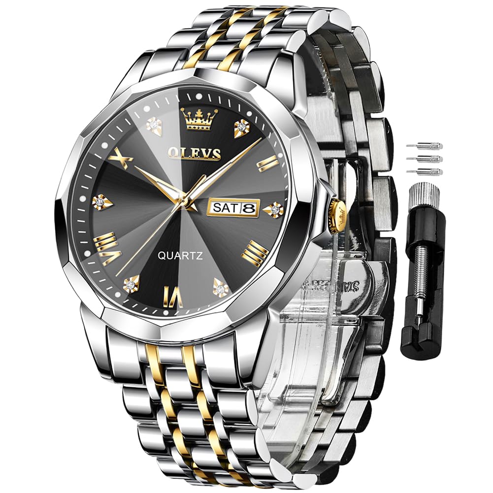 OLEVS Men's Stainless Steel Watch, Big Face Easy to Read Analog Watches, Luxury Waterproof Date Dress Watches for Man