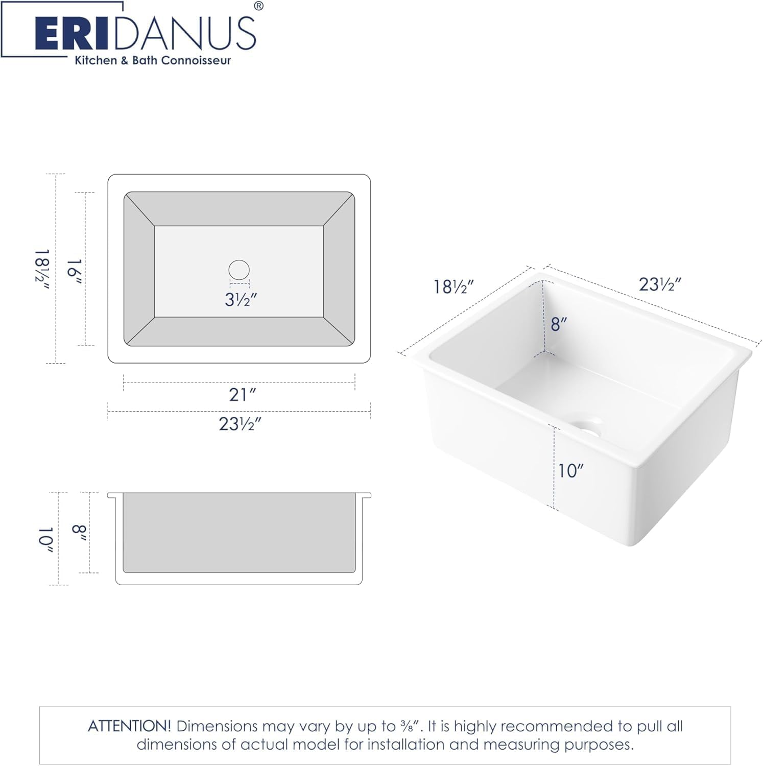 Undermount Kitchen Sink, Eridanus 24" L x 18" W Undermount Kitchen Sink White Ceramic Sink Deep Single Bowl with Bottom Grid and Strainer Drain
