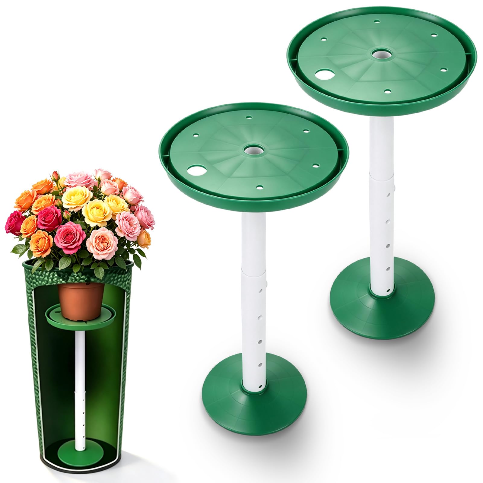 Kukyller 2 Pack Adjustable Height Plant Risers for Inside Pots, Rise Planter Insert Filler for Large Pots Indoor Outdoor Tall Taper Planter Container (Green)