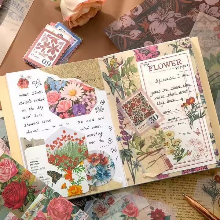 Image of ATIRAMANIYA Vintage Aesthetic Scrapbook Kit(346Pcs) Scrapbooking Supplies Kit with Bullet Junk Journal,Stationery,A6 Grid Notebook Journaling Gift for Girl (Flower)