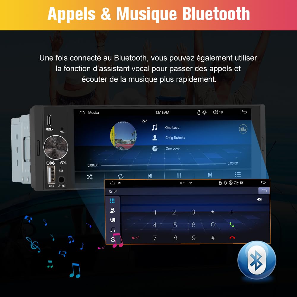 AWESAFE Autoradio Carplay 1 DIN avec Écran Tactile HD 6,36" | CarPlay & Android Auto sans Fil | Bluetooth 5.0 | FM | USB Type-C | Commande Vocale | avec Caméra de Recul