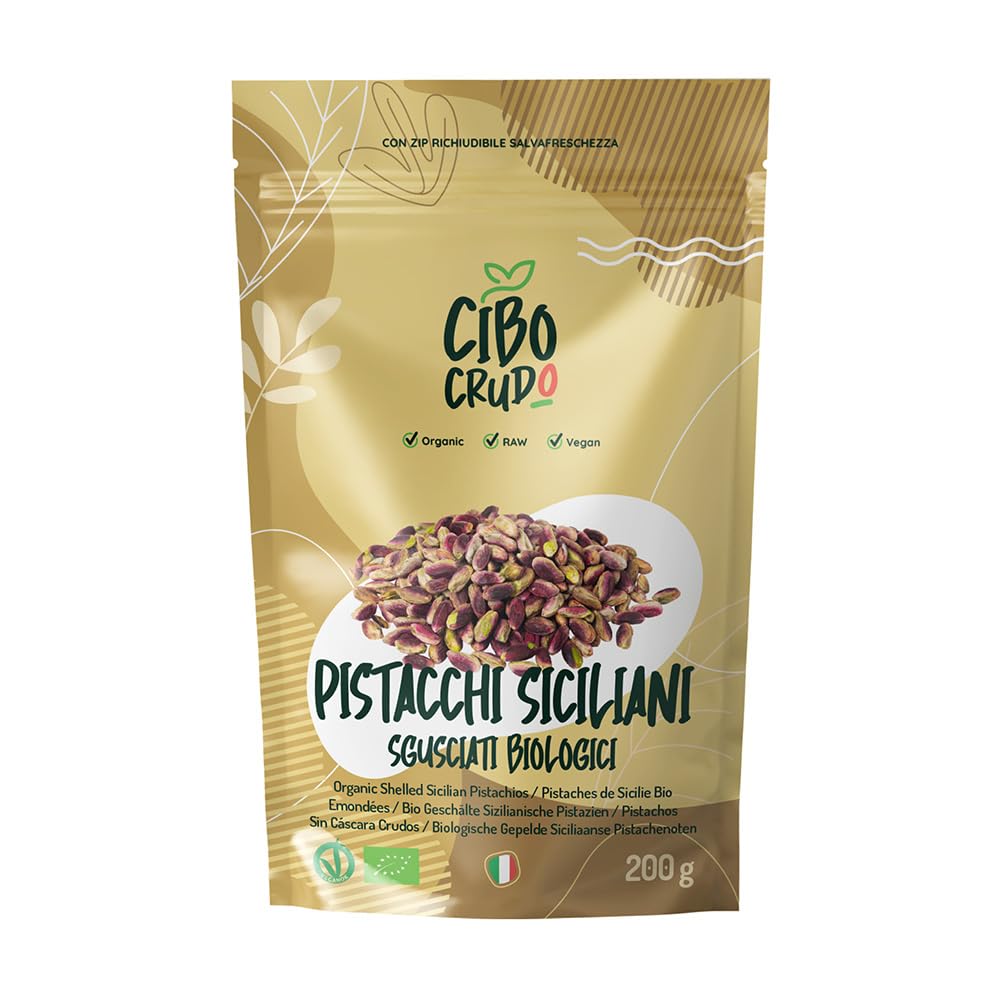 CiboCrudo Pistacchi Crudi Sgusciati Bio Raw Organic, Non Tostati, Non Salati, Origine Sicilia, Al Naturale, Fonte di Acidi Grassi, Fibre, Vitamina E, B1, B6, Antiossidanti – 200 gr