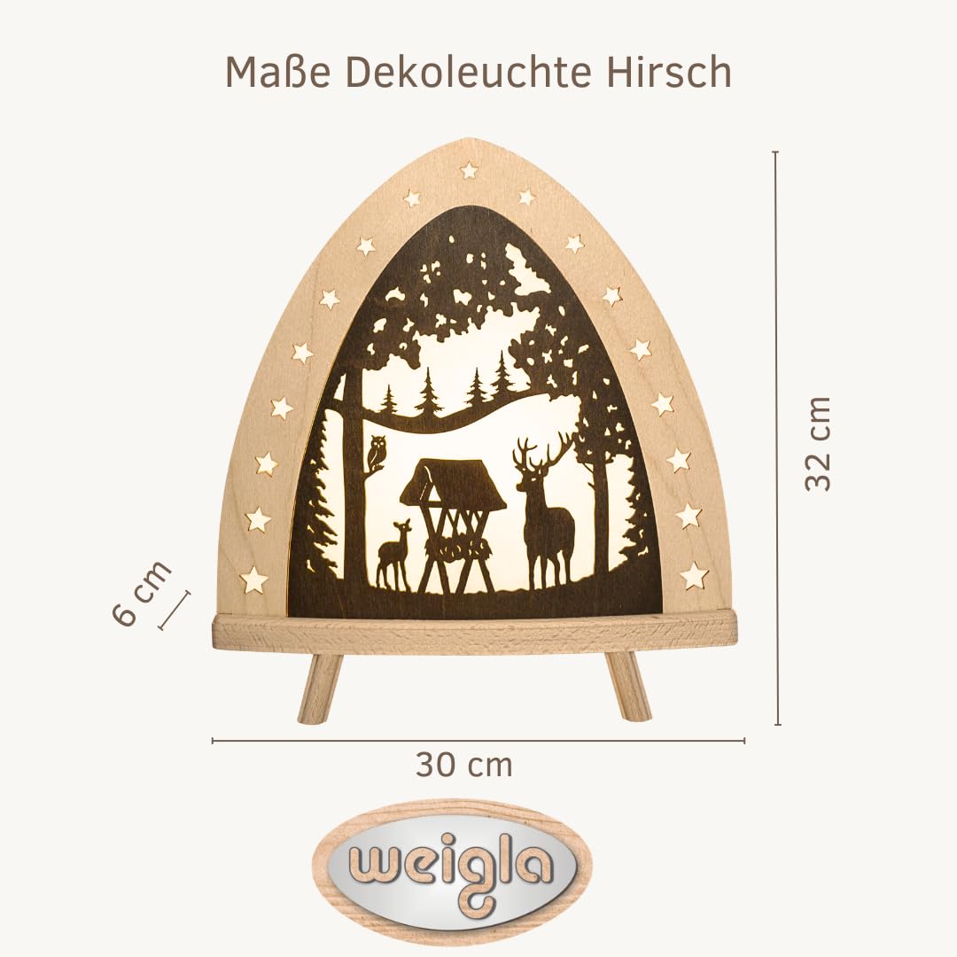 weigla - Dekoleuchte original Erzgebirge I Motiv Hirsch I 1 LED Lampe I 0,8 W, E14 I Weihnachtsdeko innen I Weihnachtsbeleuchtung aus Holz I Fensterdeko