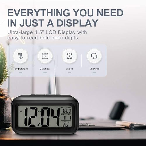 Miniatura 2 de Reloj despertador digital, reloj despertador para dormitorio con luz nocturna, temperatura interior, pantalla LED grande, funciona con pilas,