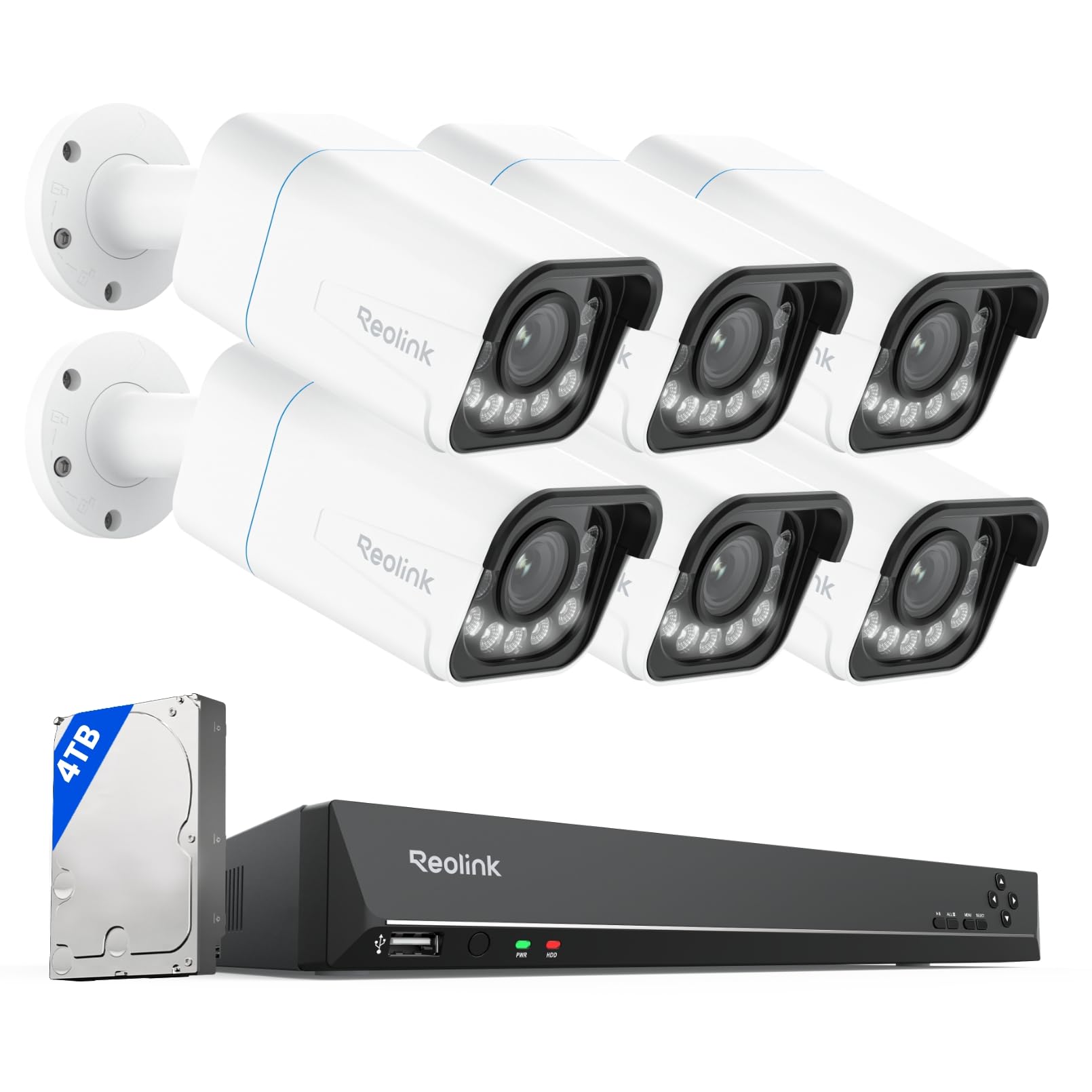 Reolink PoE 4K Telecamera Esterno, 5X Zoom Ottico, Rilevamento di Uomo/Veicolo/Animale, Faretti per Visione Notturna a Colori, Audio Bidirezionale, NVR 16CH con 4TB HDD, 6*RLC-811A e 1*RLN16-410