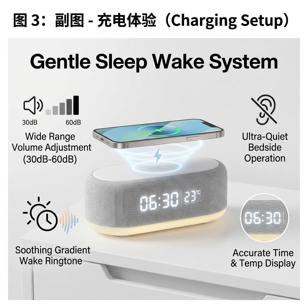 Réveil Chargeur Induction 3 en 1, Horloge Numérique LED, Chargeur Induction iPhone & Android,Simulateur d’Aube, Réveil Connecté avec Lumière, Double Alarme, USB, Design Moderne