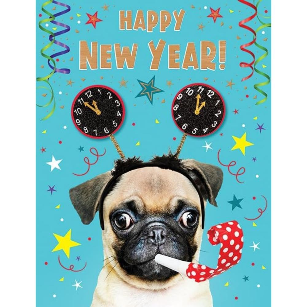 Funny HAPPY NEW YEAR Card, Cute Golden Retriever Dog Party Animal