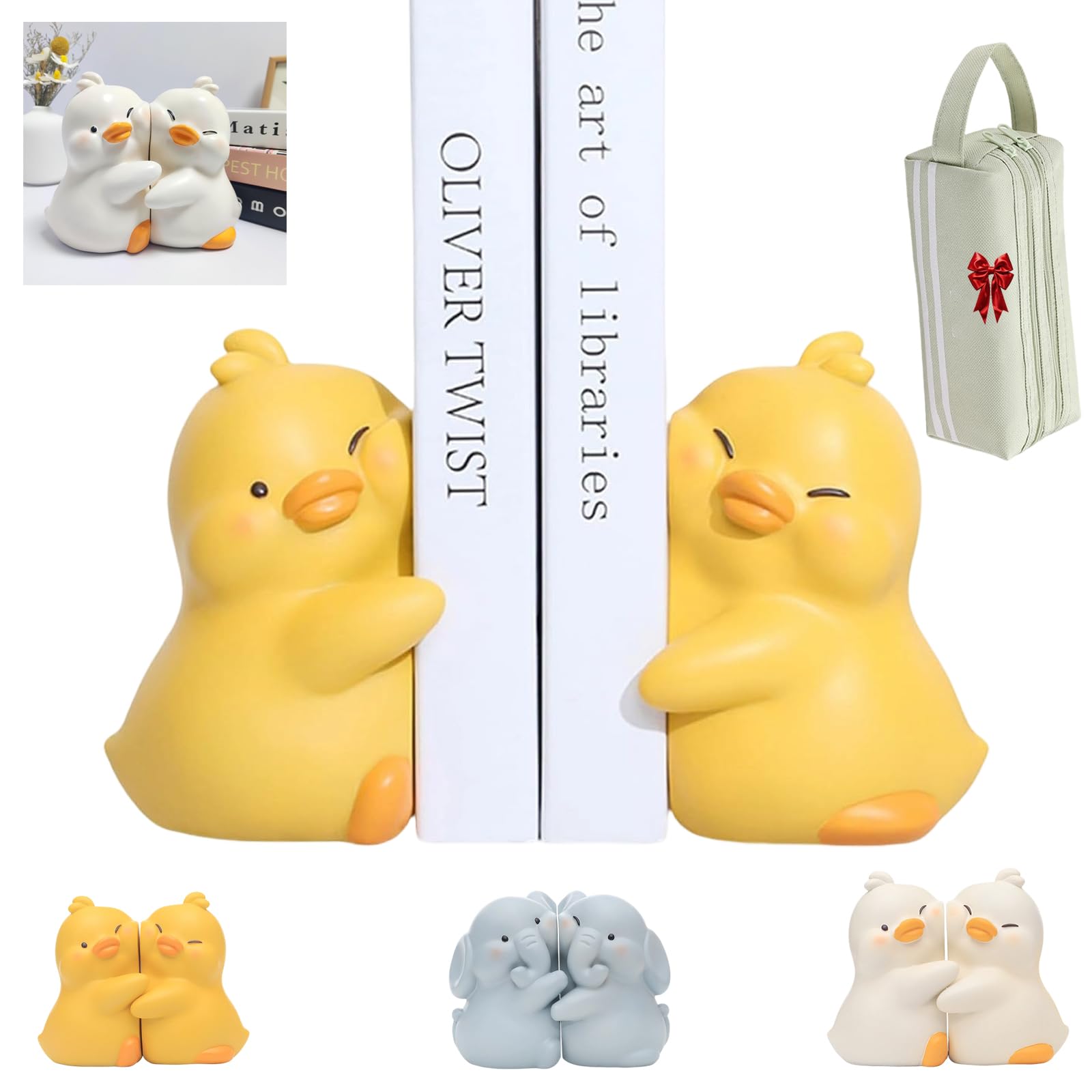 Cartoon Duck Hug Unique Book Ends, Ducks Hugging Bookshelf Stopper, Cute Duck Bookends Creative Resin, Duck Book Ends For Heavy Books Home Office Desk Bookshelf Decoration (YELLOW)