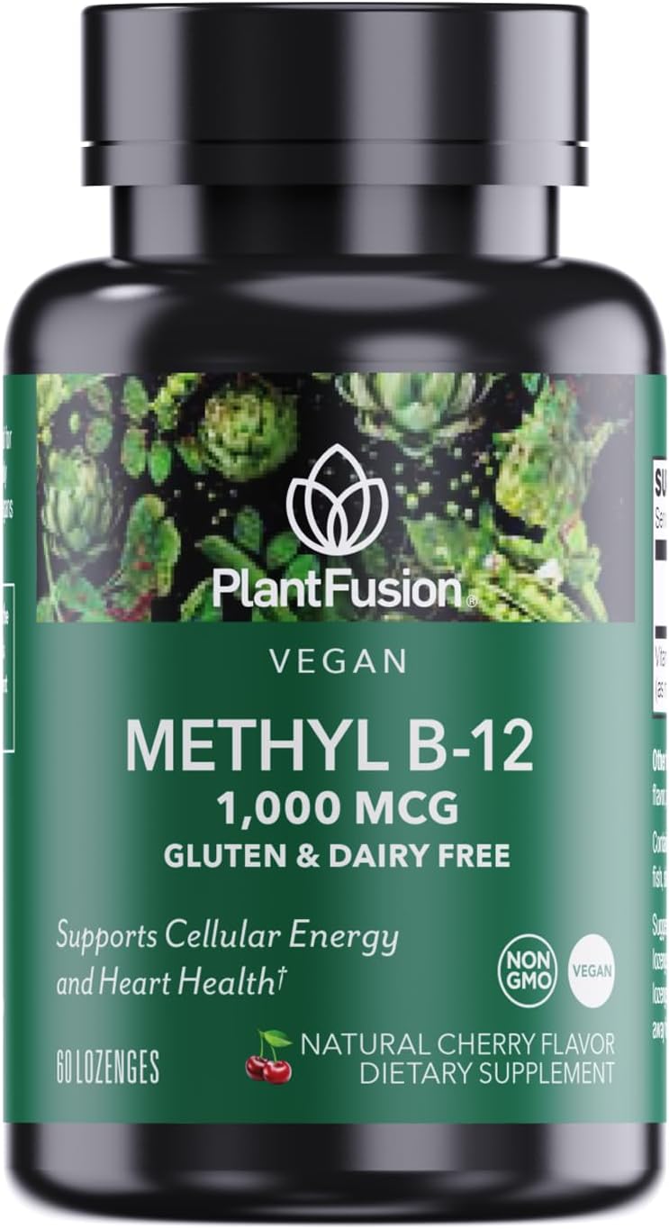 PlantFusion Vegan B12 Methyl 1000 mcg - Sublingual Vitamin - Supports Energy, Heart Health, Nervous System - Cherry Flavor, 60 High Potency Methylcobalamin Lozenges for Fast Absorption