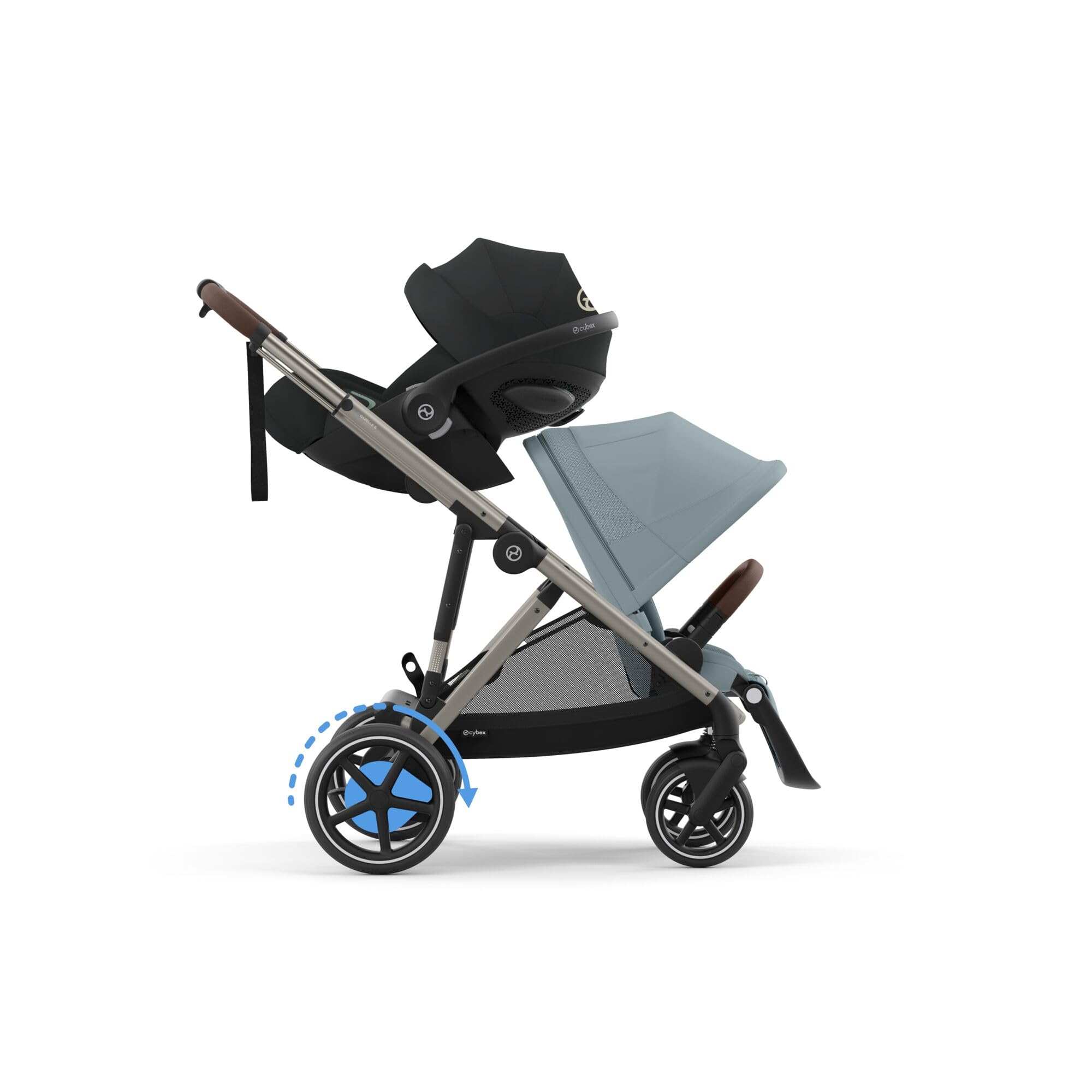 CYBEX Poussette Gold e-GAZELLE S, de la naissance à environ 4 ans, max. 22 kg (mode simple) / 2x 22 kg (mode duo), système tout-en-1 avec propulsion électrique et 20+ configurations, Bleu orageux