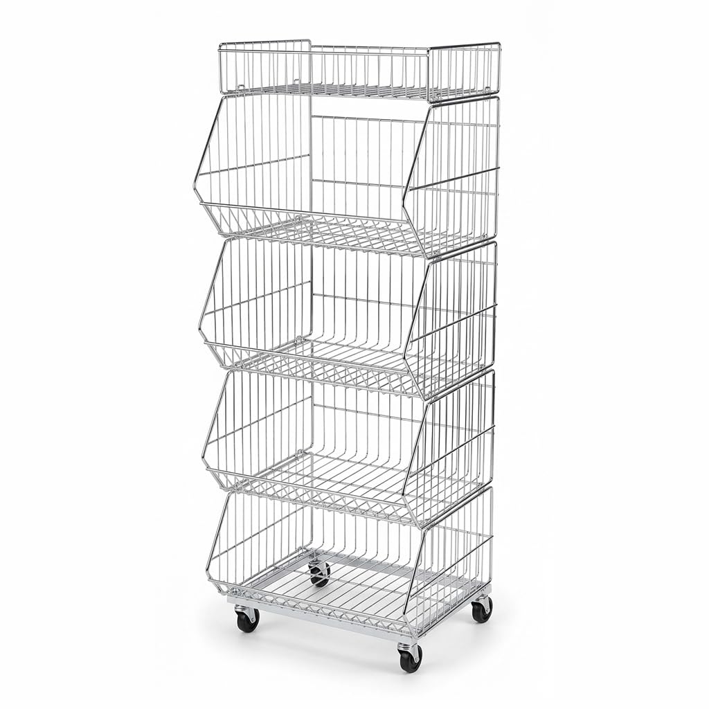 Display Guru Chrome 4/5 Tier Collapsible Metal Wire Stacking Baskets Dump Bins Storage Unit Shop Retail Display (, 5-Tier Basket)