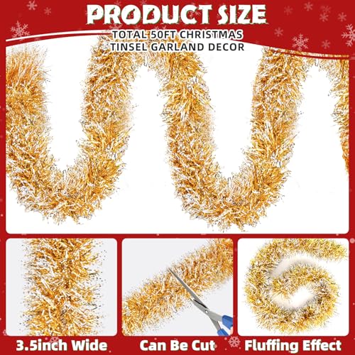 Image of 50ft Gold White Christmas Tinsel Garland Xmas Tree Garland Decorations Metallic Tinsel Glitter Twist Garlands Hanging Streamers for Indoor Holiday Decor