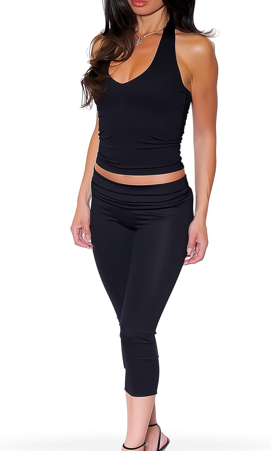 Capri Pants Set for Women – 2 Piece Pants Set, Halter Top, Foldover Waistband, Bodycon Fit, Premium Stretch - Image 3