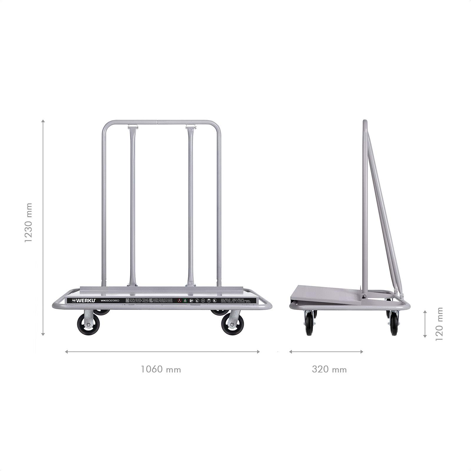 Werku WK602360, Carro Plataforma Porta Paneles-Placas, Calidad Profesional, Ruedas Caucho, Medidas Base 1060 x 320 mm, Capacidad Carga 900 kg