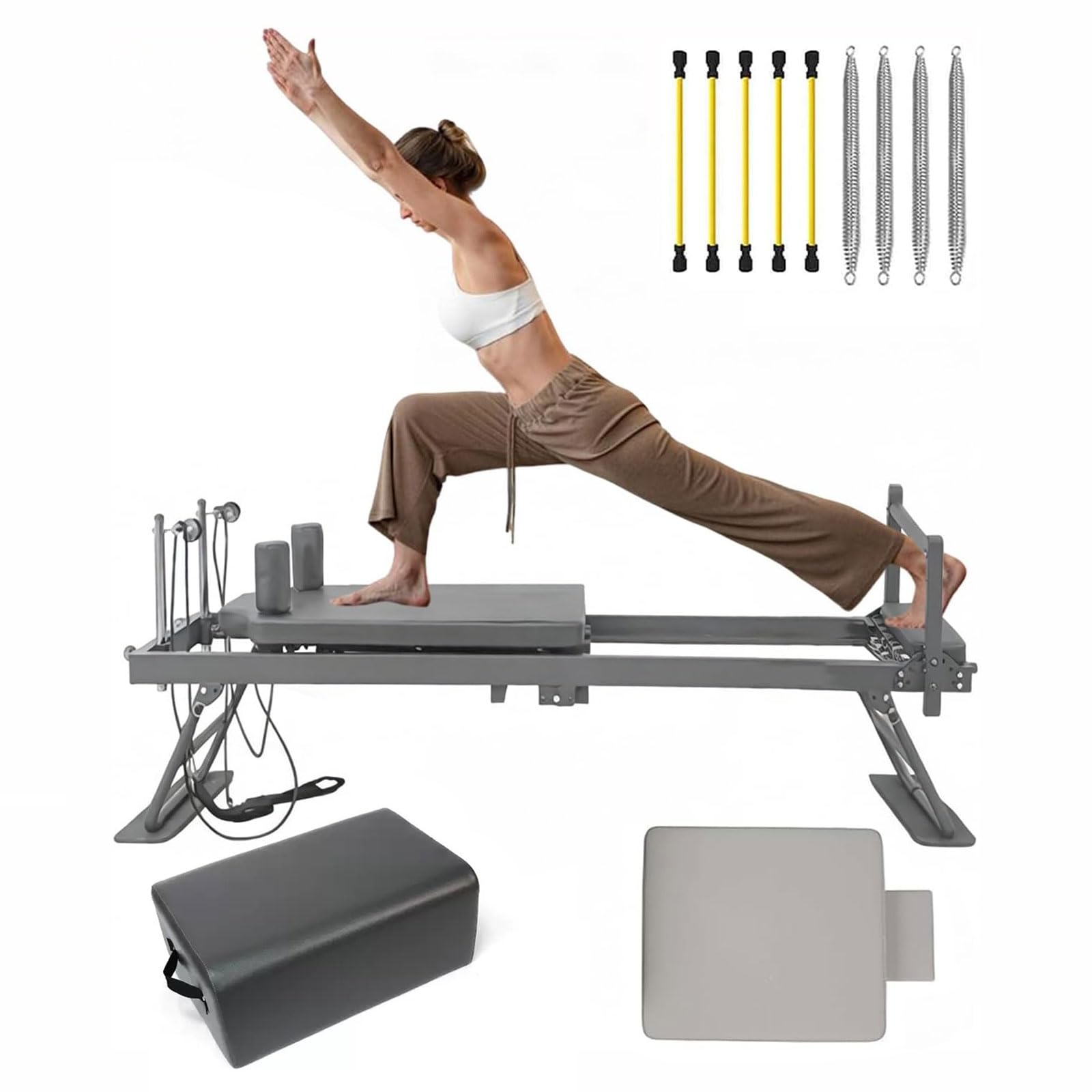 Réformateur de Pilates pour la Maison, Pilates Reformer avec Tremplin pour Utilisateurs Avancés et Débutants, Facile à Déplacer et à Ranger,Grey-10box