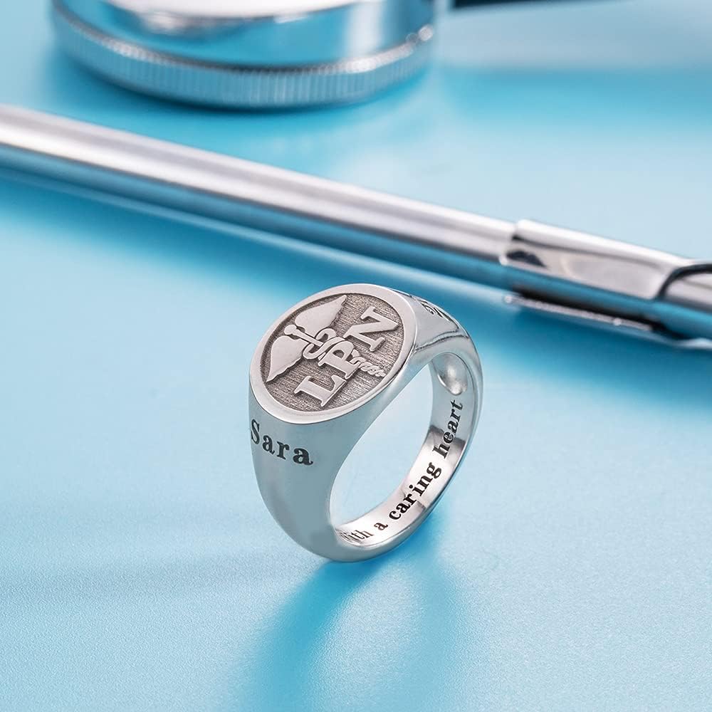 callie Personalized Caduceus Ring - Custom Engraved Text, Medical Symbol RN LPN Nurse Signet Rings, Sterling Silver | Jewelry Gifts for Nurse Doctor Medical Staff