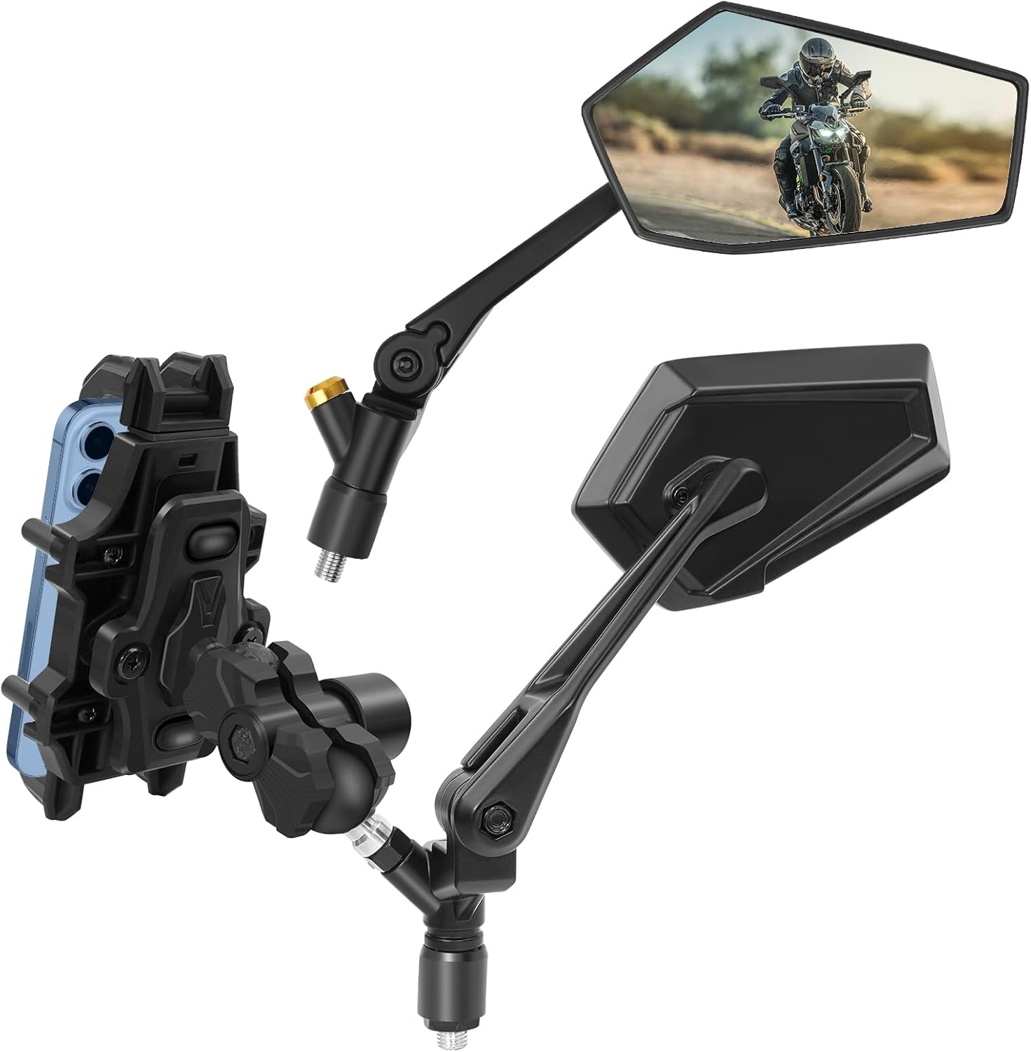 Motorcycle Mirrors for Handlebars with Phone Mount, ATV Mirrors, Bolt-On Rear View Mirrors for Motorcycle ATV Scooter Cruiser, Adjustable HD Rearview Compatible with Suzuki Yamaha Honda
