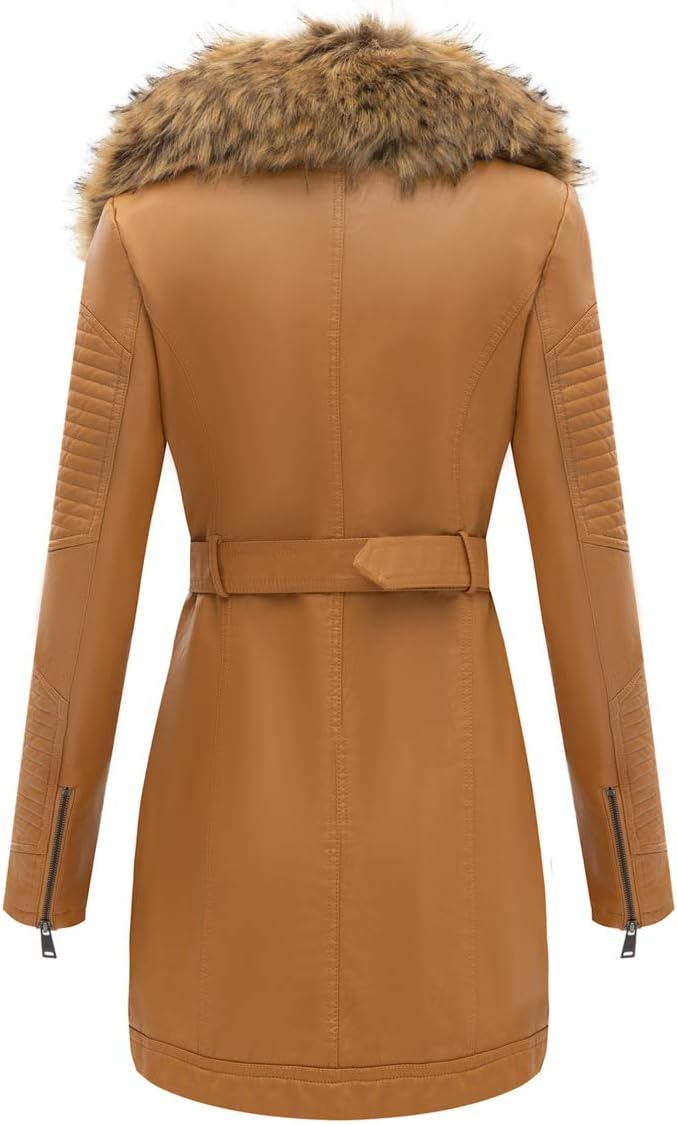 Bellivera Women's Trench Coat Faux Leather Jackets Long Plus size Outwear with Detachable Fur Collar 912 Yellow S - Image 3