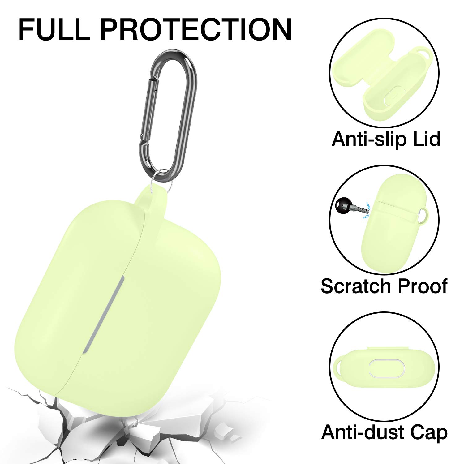 Hamile Custodia protettiva per AirPods Pro, in silicone, antiurto, per Apple Airpod Pro 2019, con portachiavi, giallo, verde, verde notte