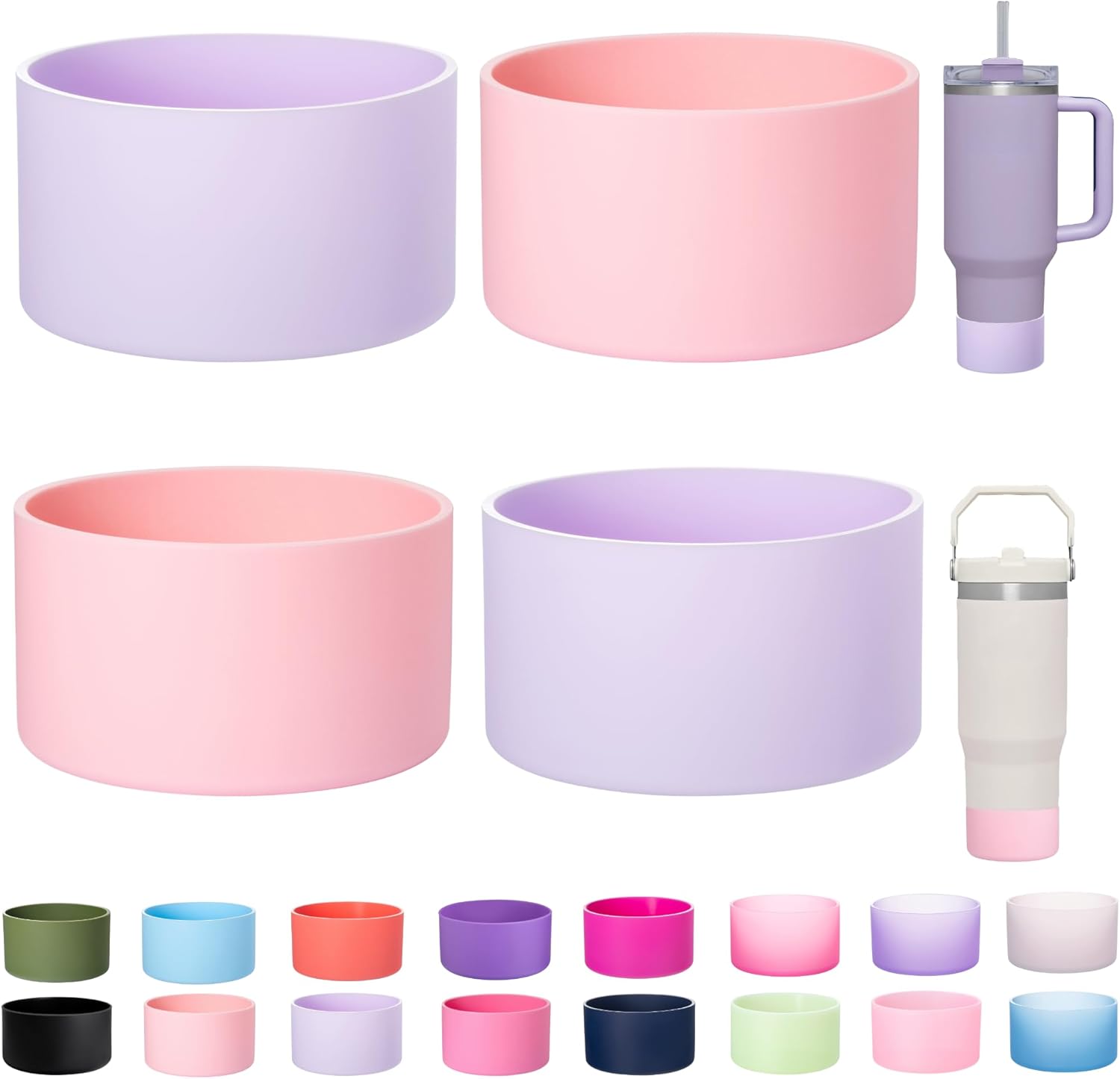 2-Pack Silicone Boot for Stanley 40 30 oz Quencher Tumbler, IceFlow Water Bottle 30/20 oz, Cup Bottom Sleeve 2.95 inch Diameter (2Fog+2Pink) - Main View