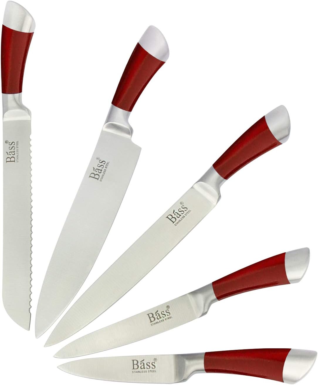 Evelyne GMT-10031 Stainless Steel Kitchen Knife Set with Red Handle Hilt, 5 Knives and 1 Pivotable Swivel Holding Block with See-Thru Side