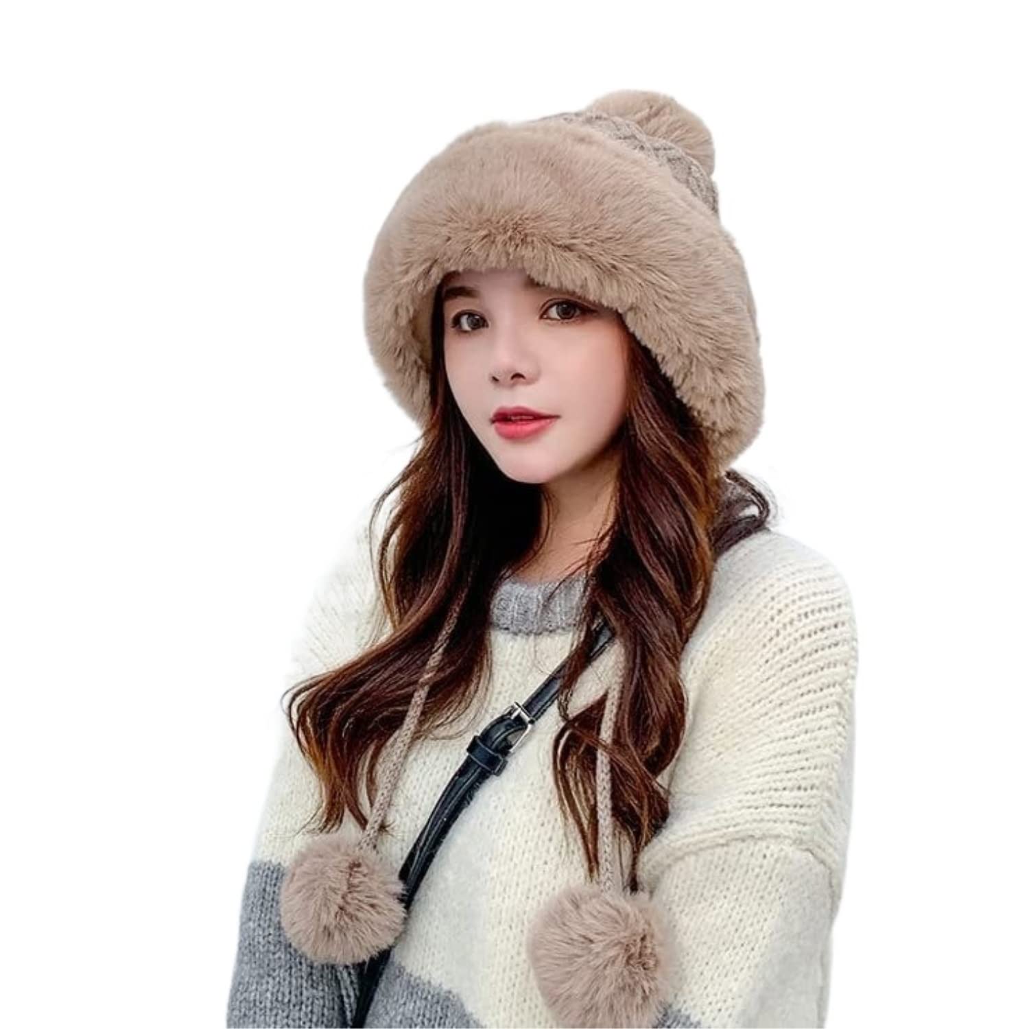 Czapka Beanie Czapka Zimowa Pompon Czapki Dla Kobiet Puszysta Dzianina Damska Sztuczne Futro Czaszka (Jeden Rozmiar)