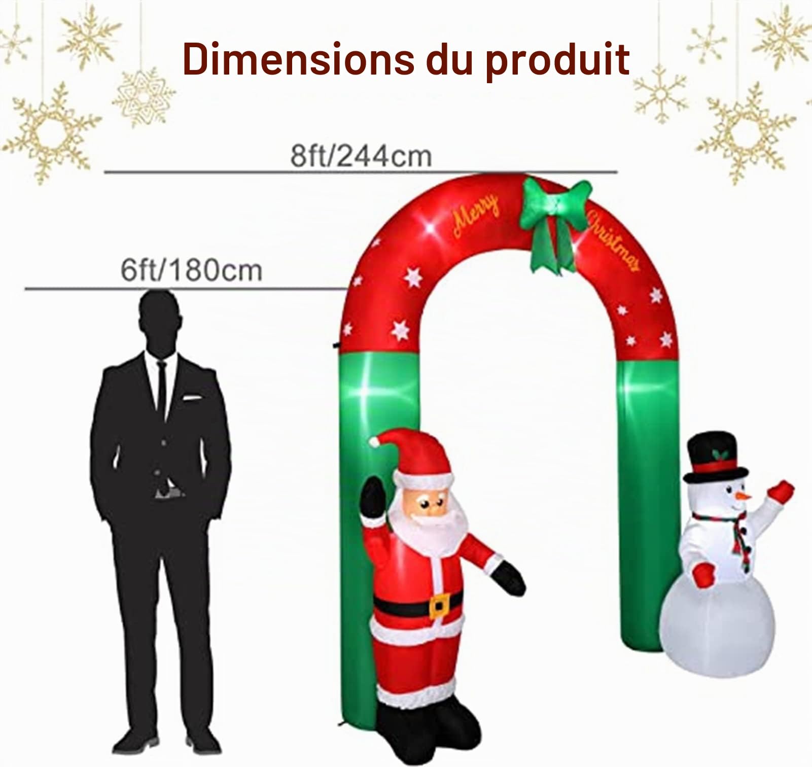 QBOMB Arche Gonflable de Noël de 8 Pieds avec lumières LED intégrées, Père Noël et Bonhomme de Neige Décorations de Vacances en Plein air pour la pelouse de Jardin de Jardin