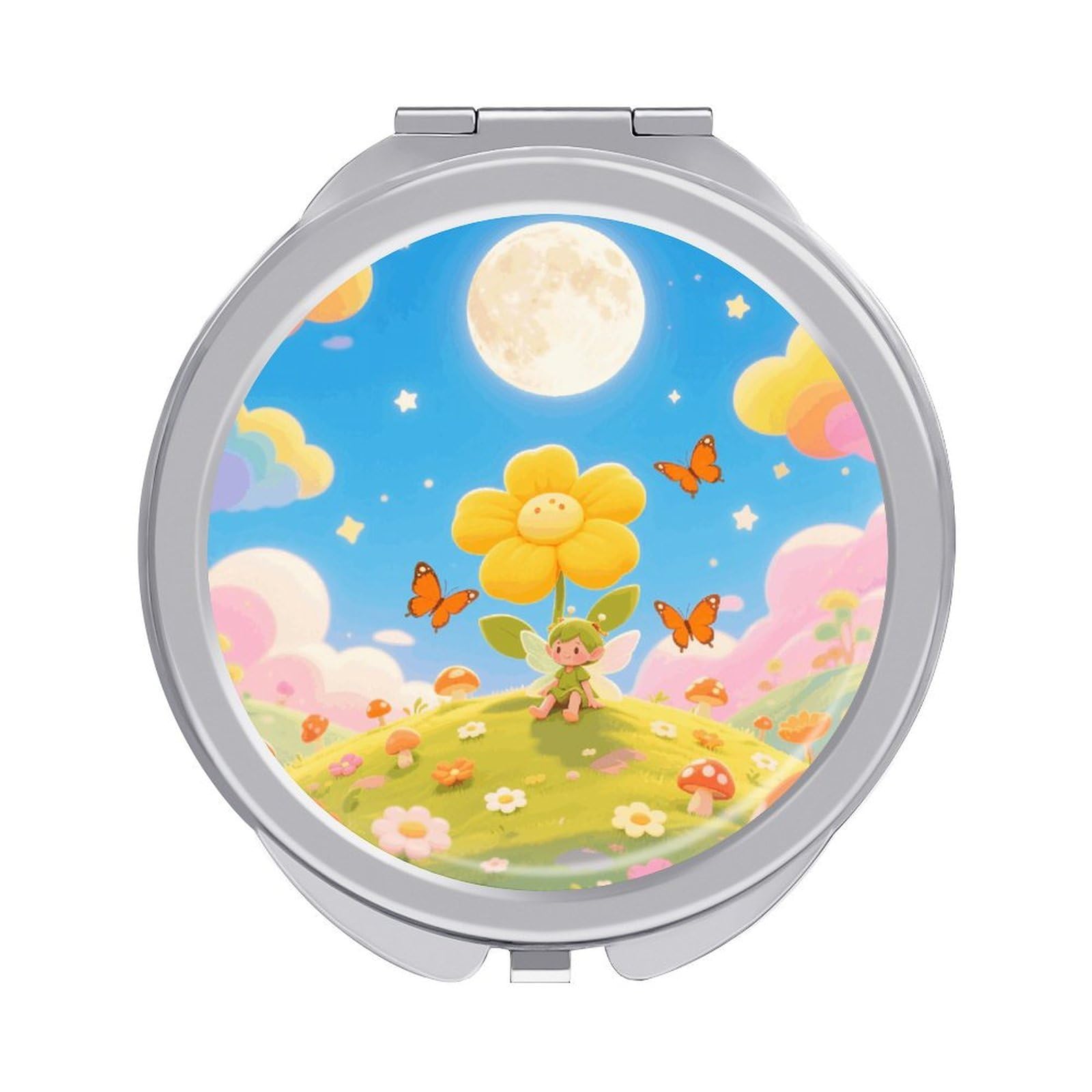 VstaDank Orange Butterfly Moon Flower Travel Makeup Mirrors Exquisite Double-Sided 2X/1X Magnifying Folding Pocket Mirror Portable Round Handheld Mirror Mini Compact Mirrors for Outdoor Home