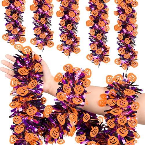 Image of 50FT Halloween Tinsel Garland, Thick Glitter Purple Orange Pumpkin Garlands Metallic Holiday Hanging Streamers for Halloween Party Supplies Indoor Outdoor Decoration