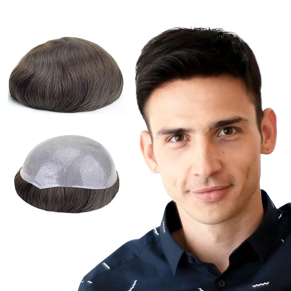 Lordhair Protesi Capelli Uomo, Pelle Super Sottile da 0,06 mm Tutti con loop a V Parrucca da Uomo per Sistema Capillare da 8x10 Pollici Dimensione Della Base Densità Media -130%