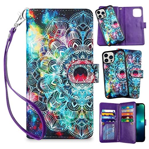 Vofolen 2-in-1 Case for iPhone 13 Pro Max 5G Wallet Card Holder 9-Slot for Women Girl Detachable Strap Hybrid Protective Slim Hard Shell Magnetic PU Leather Folio Pocket Flip Case Mandala Purple