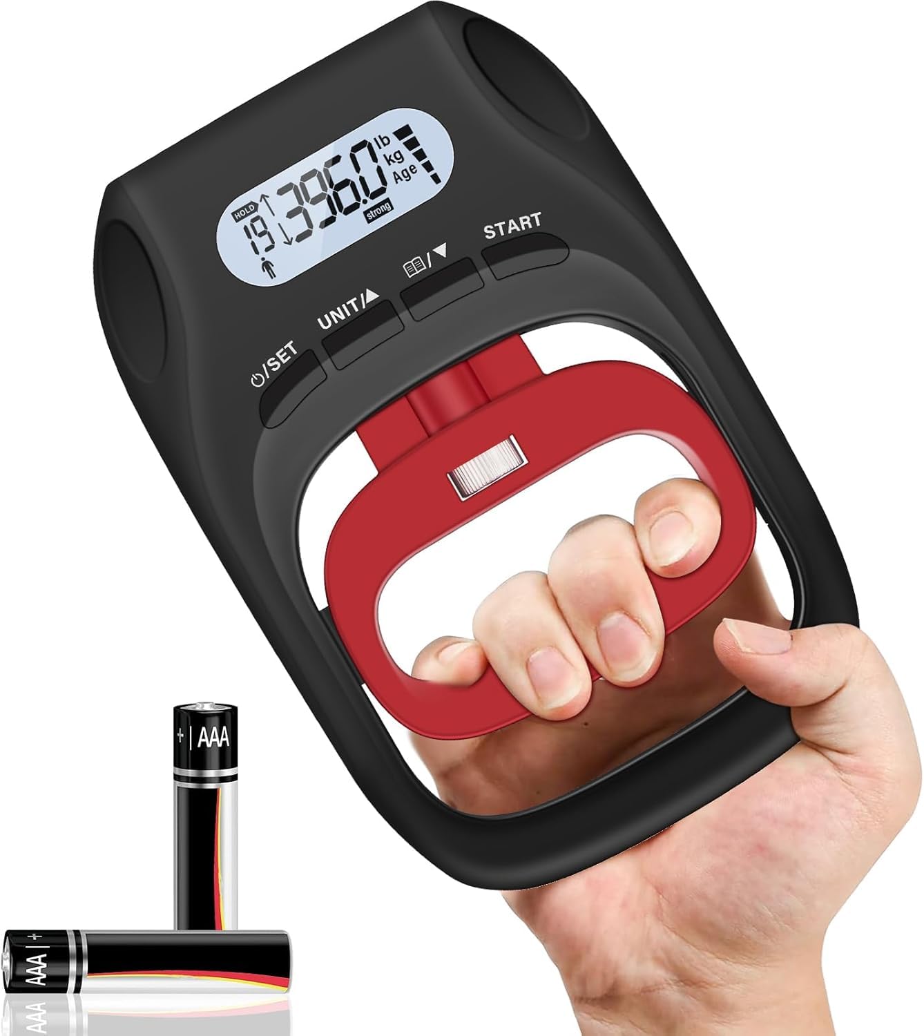 JTHEW Testeur de force de préhension – Dynamomètre numérique à main de 180 kg avec capteur précis et poignée réglable pour rééducation sportive et clinique (noir et rouge)