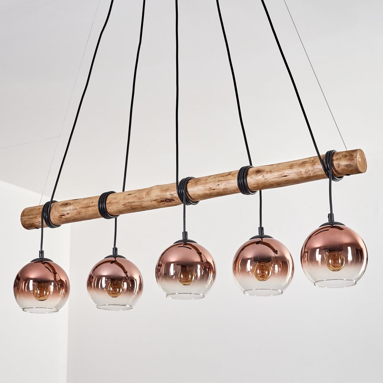 HOFSTEIN Pendelleuchte Koyoto, 5-flammige Hängelampe aus Metall/Holz/Glas in Schwarz/Natur/Kupfer/Klar, Vintage Hängeleuchte m. Glasschirmen, Holzbalken, max. 150cm, E27, Esszimmer, Wohnzimmer, Küche