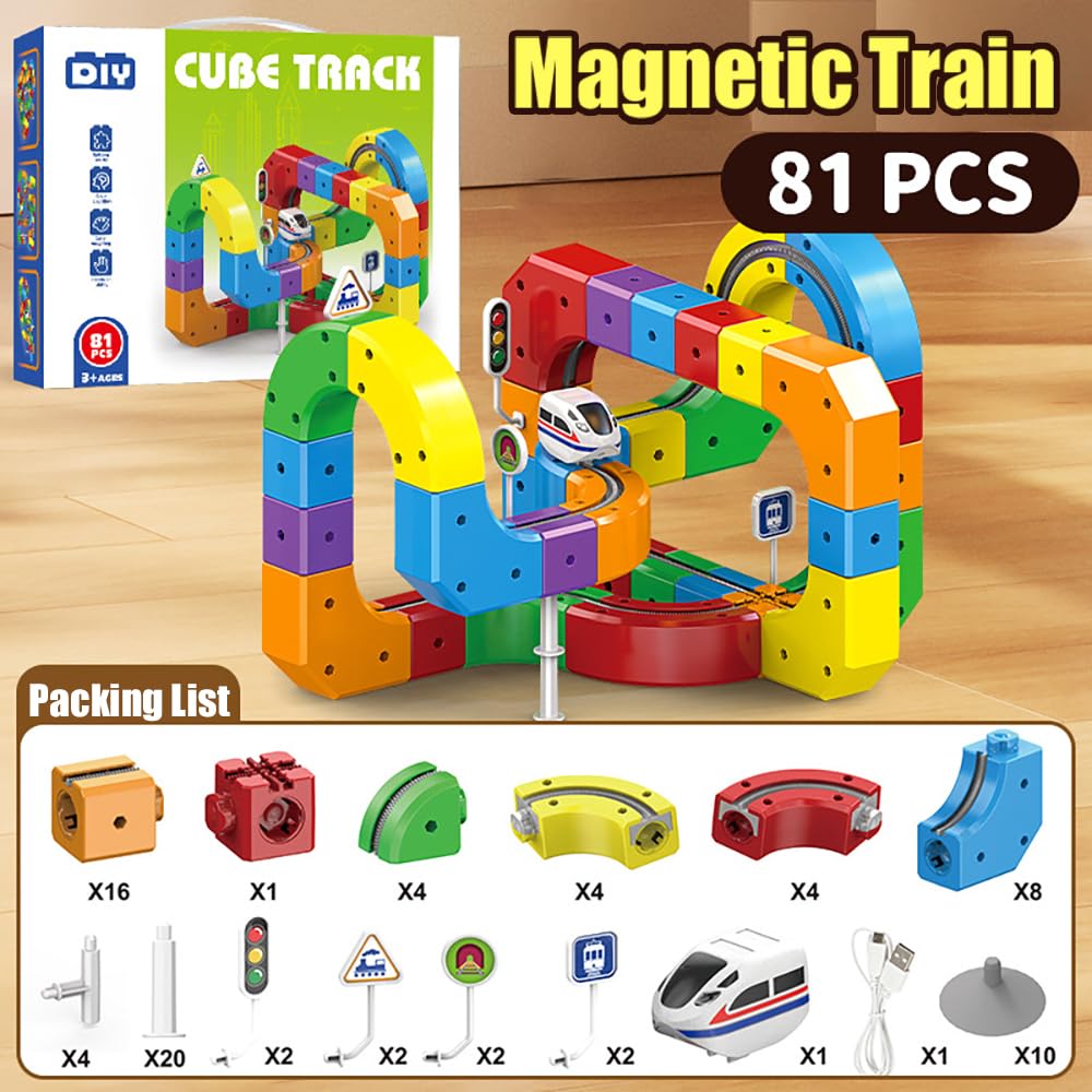 Treno Elettrico per Bambini Set, Trenino Giocattolo con Pista, Layout 3D Incorporati per Bambini Didattico di 3 4 5 6 7 8 Anni, Giochi Regalo Natale/Compleanno (81pcs)