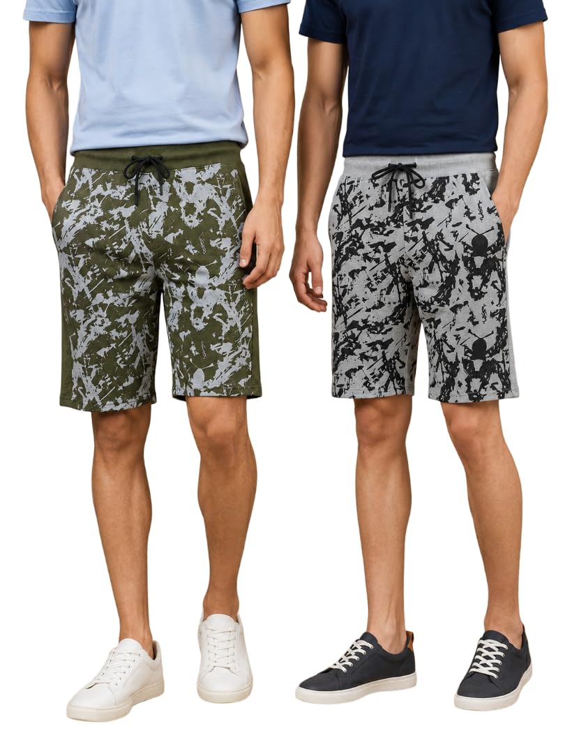 Mens Grey-Green Printed Cotton Shorts Combo (Pack of 2) | Comfortable Casual & Loungewear Shorts | Soft Breathable Lounge & Sleepwear Shorts with Drawstring & Pockets-image-0