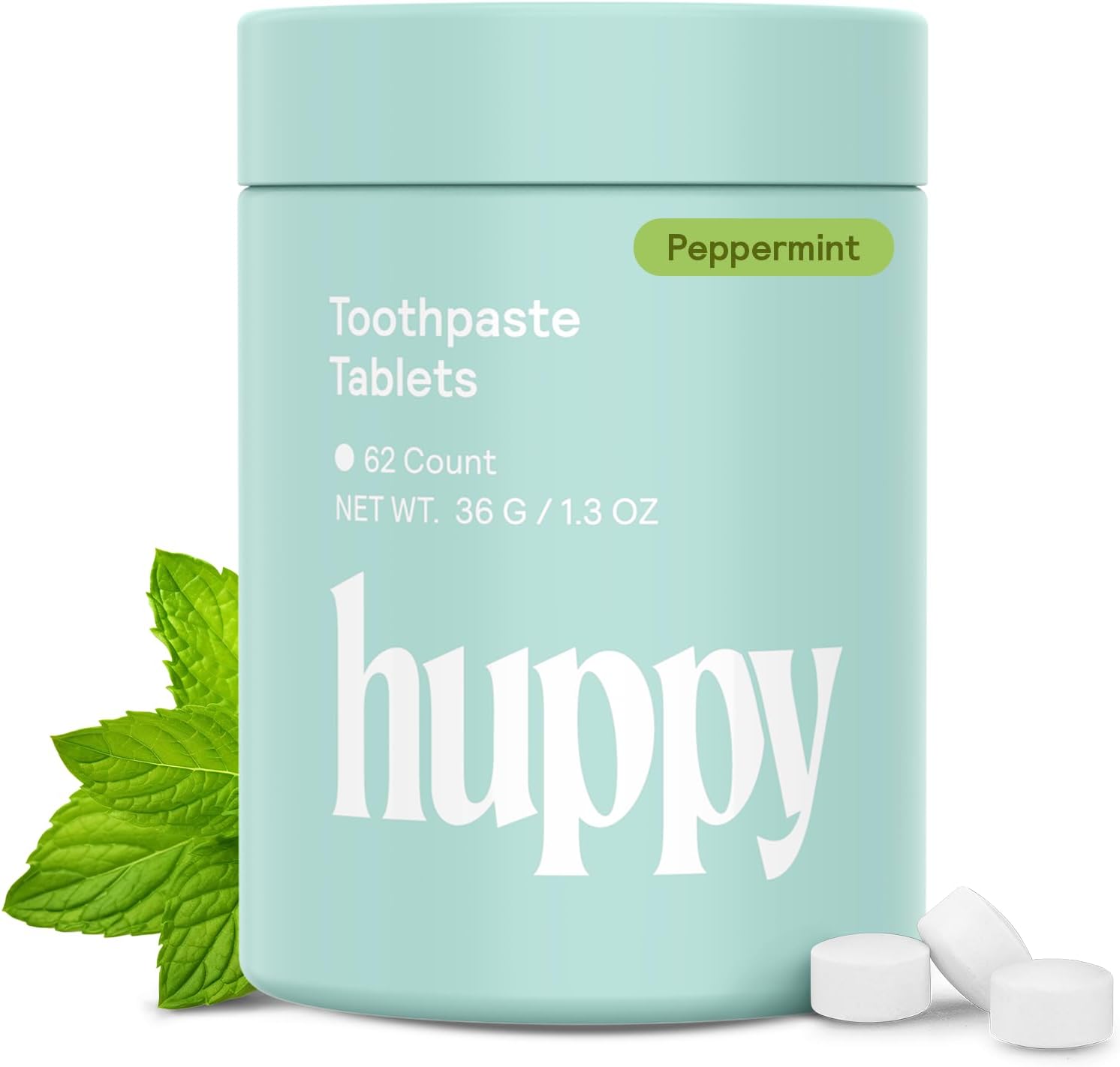 HUPPY Toothpaste Tablets, Nano Hydroxyapatite Toothpaste - Natural Whitening, Fluoride Free and Remineralizing Tablets - Travel Toothpaste Tabs, Hydroxyapatite Toothpaste Tablets - 62ct, Peppermint