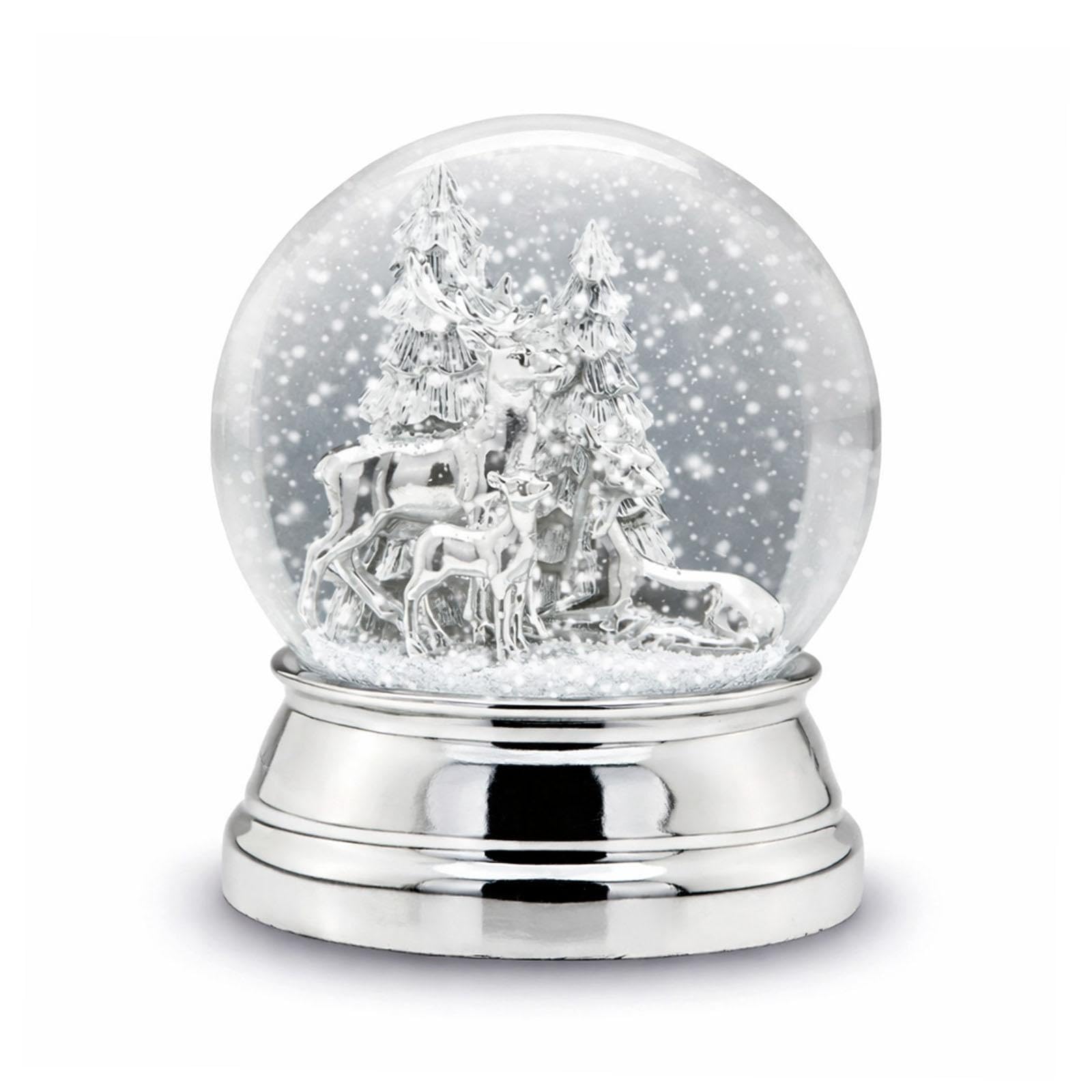 Große versilberte Glas Schnee-Kugel mit Rentier & Tannenbäume Ø 10 cm - Chrismas Deko Schüttelkugel - Traumkugel für Winter & Weihnachten